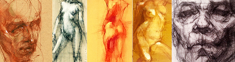Sanguine drawing of three quarters view of two figures on tan toned paper. One figure is facing forwards, and the other one is facing backwards.