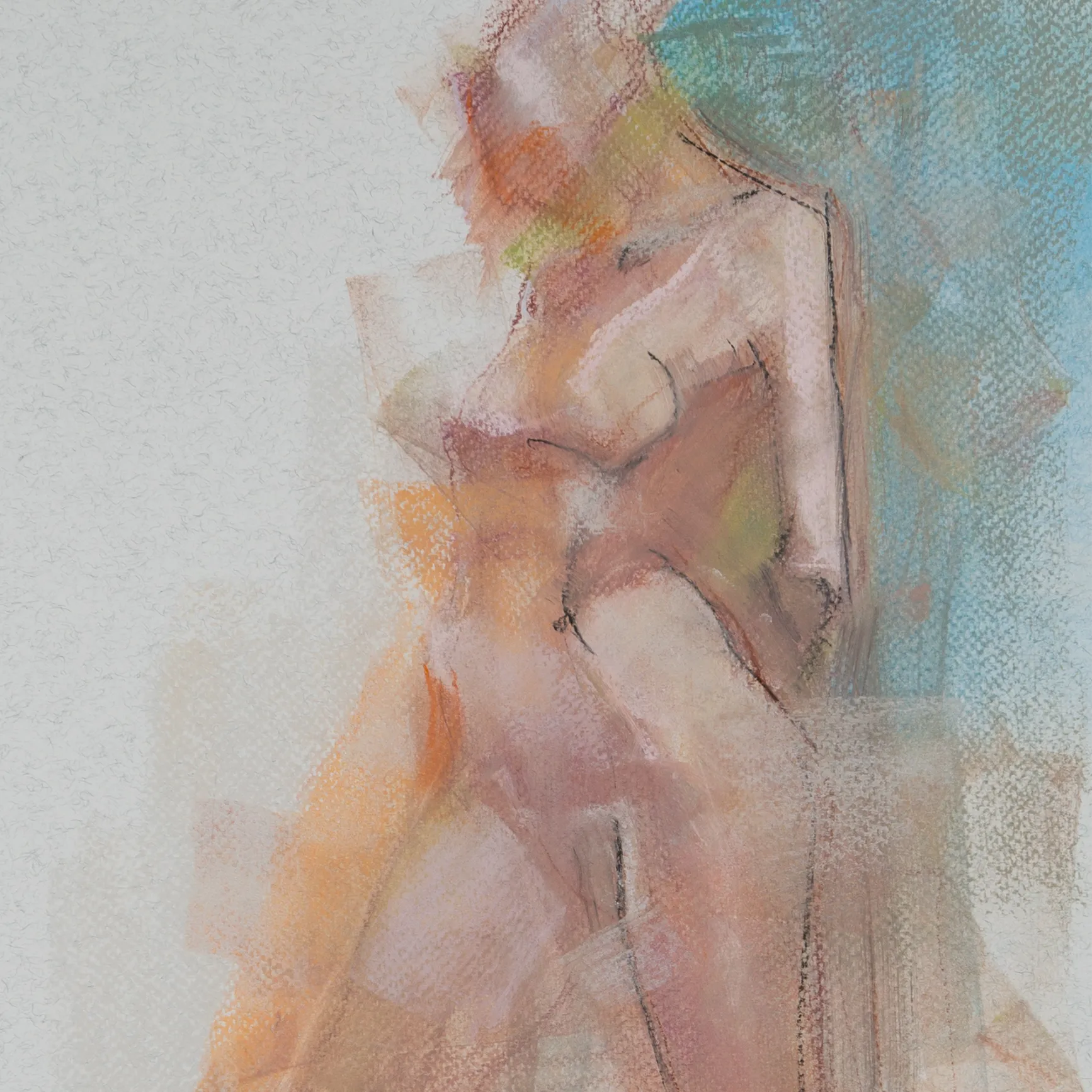 Colorful pastel drawing of female figure facing the viewer. Her head is turned to the left in a contrapostal pose. Colors used sparingly are sanguine. pinks, purples, blues, greens, yellows and orange. They create a look of figure floating between the worlds.
