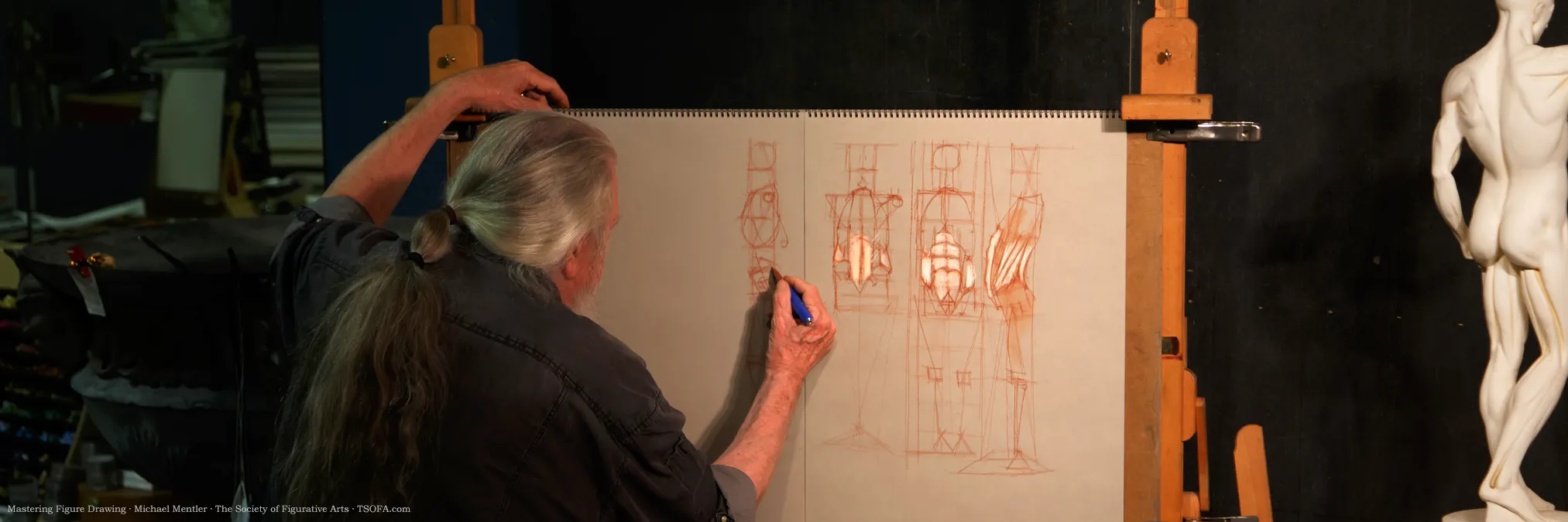 Sanguine drawing of three quarters view of two figures on tan toned paper. One figure is facing forwards, and the other one is facing backwards.