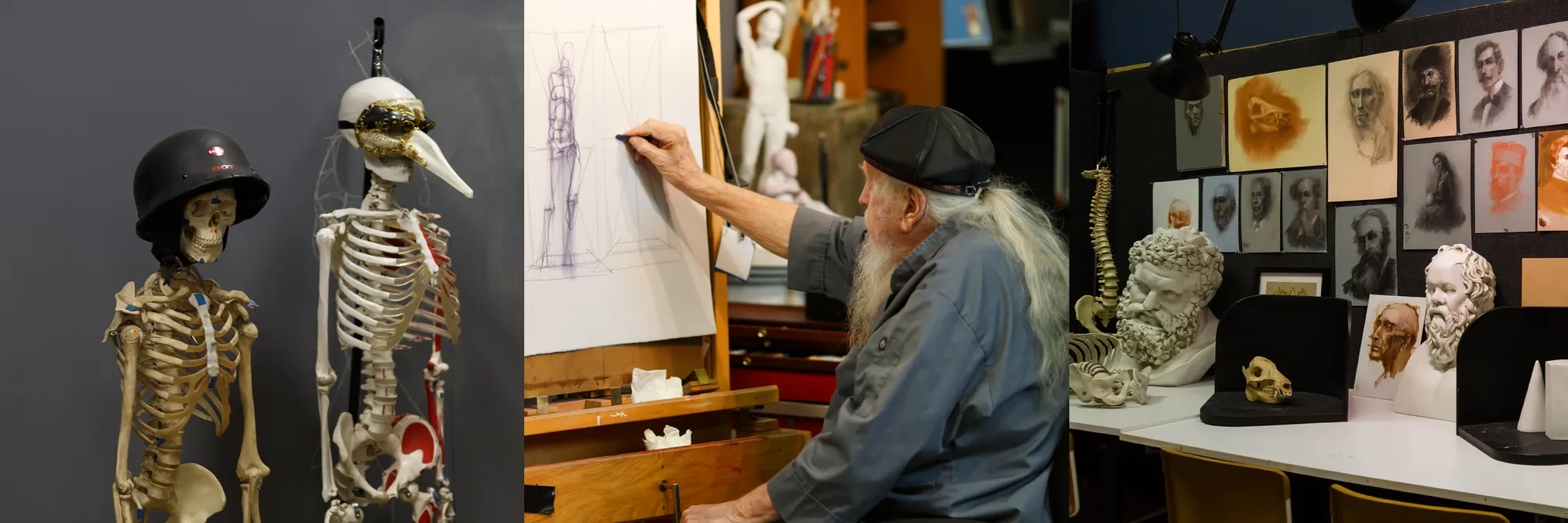 Collage of studio peripheral and Michael Mentler drawing at the easel